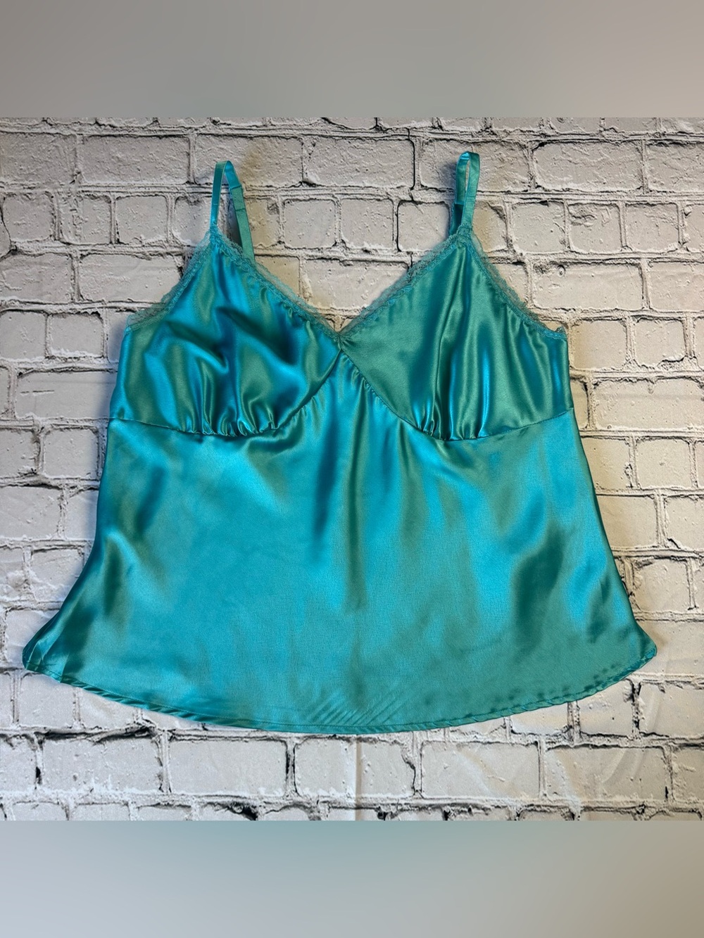 Vtg Y2K Faded Glory Baby Blue Satin V-Neck Babydoll Cami w/ Lace Trim Size 16